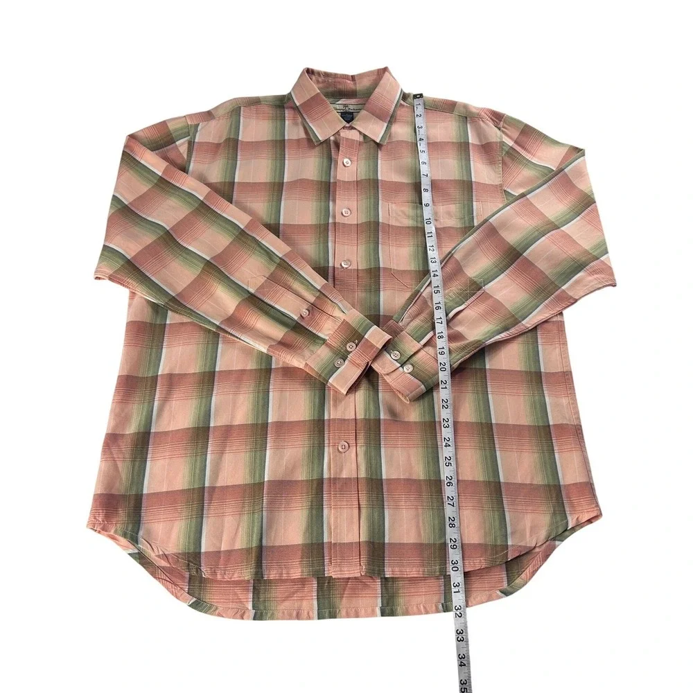 Tommy Bahama Mens Large Plaid Button Up Shirt Tencel Lyocell Salmon Pink Green‎